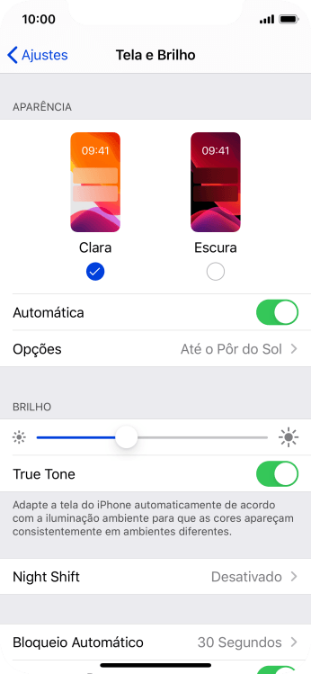 Se você ativar a função, deve pressionar Opções e seguir as instruções na tela para escolher o período desejado para a função de Escuro. Se você ativar a função, deve pressionar Opções e seguir as instruções na tela para escolher o período desejado para a função de Escuro.