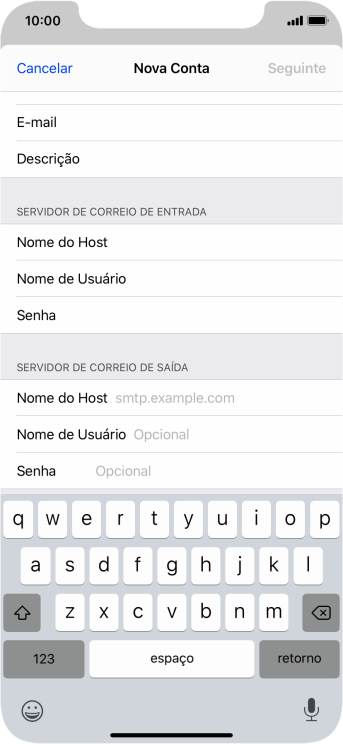 Pressione Nome do Host, e insira o nome do servidor de saída do seu provedor de e-mails. Pressione Nome do Host, e insira o nome do servidor de saída do seu provedor de e-mails.