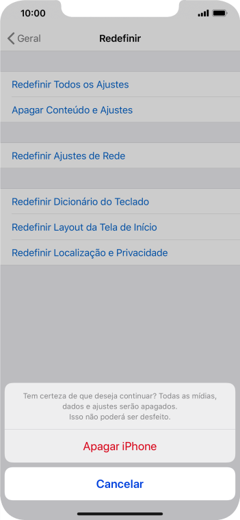 Pressione Apagar iPhone. Aguarde um instante, enquanto o celular restaura as configurações padrão. Siga as indicações da tela para configurar o celular, e deixá-lo pronto para o uso. Pressione Apagar iPhone. Aguarde um instante, enquanto o celular restaura as configurações padrão. Siga as indicações da tela para configurar o celular, e deixá-lo pronto para o uso.
