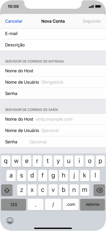 Pressione Nome de Usuário, e digite o nome de usuário da sua conta e-mail. Pressione Nome de Usuário, e digite o nome de usuário da sua conta e-mail.