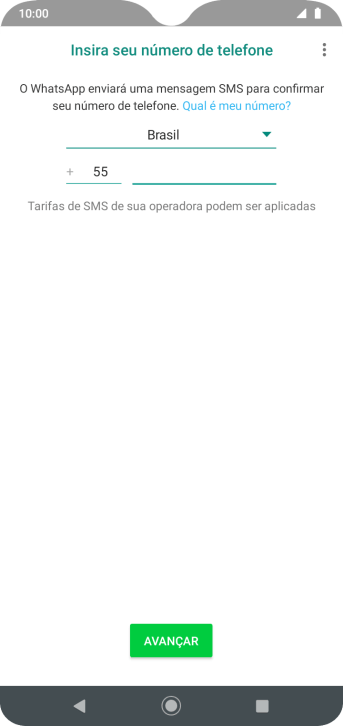 Pressione AVANÇAR. Aguarde até que o celular receba uma SMS para confirmar seu número de telefone. Pressione AVANÇAR. Aguarde até que o celular receba uma SMS para confirmar seu número de telefone.