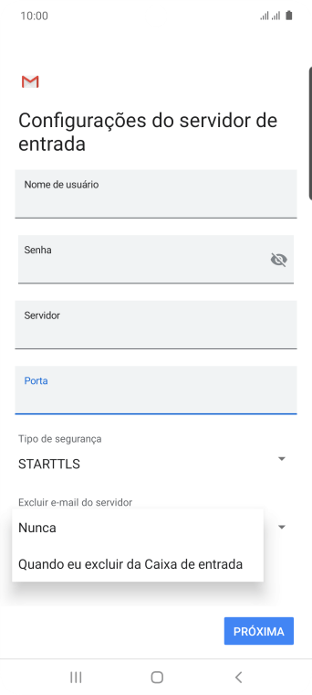 Pressione Nunca para manter os e-mails no servidor, quando você apagá-los do celular. Pressione Nunca para manter os e-mails no servidor, quando você apagá-los do celular.