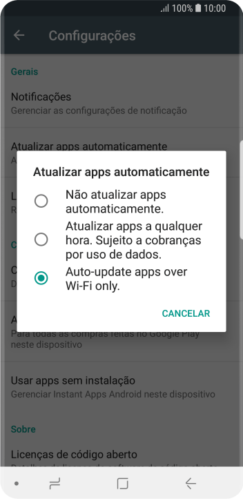 Para desativar a atualização automática de apps, você deve pressionar Não atualizar apps automaticamente.. Para desativar a atualização automática de apps, você deve pressionar Não atualizar apps automaticamente..