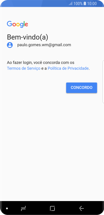 Pressione CONCORDO, e siga as indicações da tela para selecionar as configurações da sua conta Google. Pressione CONCORDO, e siga as indicações da tela para selecionar as configurações da sua conta Google.
