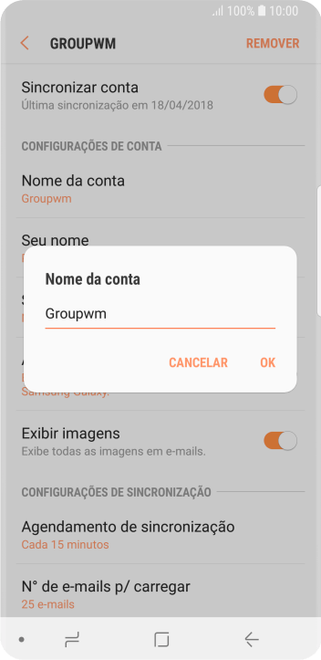 Digite o nome da conta de e-mail, e pressione OK. Digite o nome da conta de e-mail, e pressione OK.