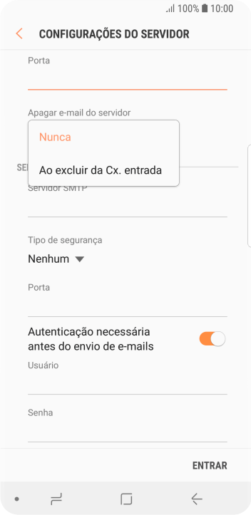 Pressione Nunca para manter os e-mails no servidor, quando você apagá-los do celular. Pressione Nunca para manter os e-mails no servidor, quando você apagá-los do celular.