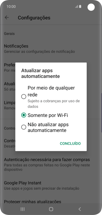 Para ativar a atualização automática de apps via rede celular, você deve pressionar Por meio de qualquer rede Sujeito a cobranças por uso de dados. Para ativar a atualização automática de apps via rede celular, você deve pressionar Por meio de qualquer rede Sujeito a cobranças por uso de dados.