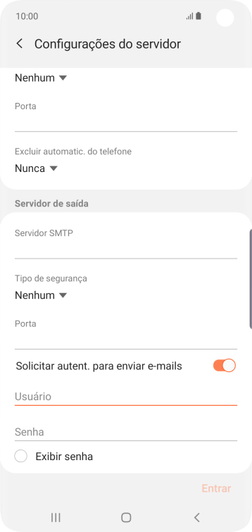 Pressione o campo da senha, e insira a senha do servidor de saída do seu provedor de e-mails. Pressione o campo da senha, e insira a senha do servidor de saída do seu provedor de e-mails.