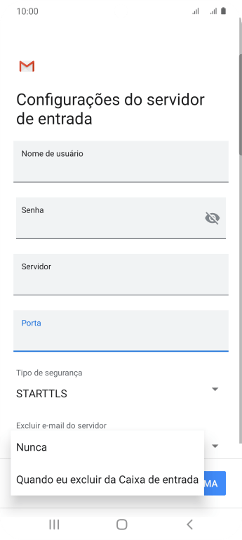 Pressione Nunca para manter os e-mails no servidor, quando você apagá-los do celular. Pressione Nunca para manter os e-mails no servidor, quando você apagá-los do celular.