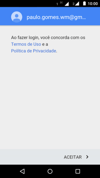 Pressione ACEITAR, e siga as indicações da tela para selecionar as configurações da sua conta Google. Pressione ACEITAR, e siga as indicações da tela para selecionar as configurações da sua conta Google.