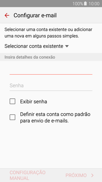 Pressione Senha e digite a senha da sua conta e-mail. Pressione Senha e digite a senha da sua conta e-mail.