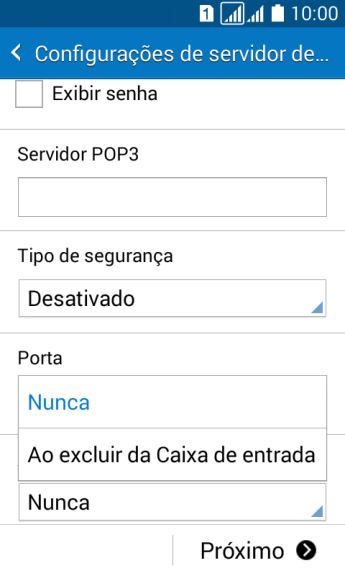 Pressione Nunca para manter os e-mails no servidor, quando você apagá-los do celular. Pressione Nunca para manter os e-mails no servidor, quando você apagá-los do celular.