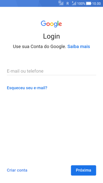 Se você não tiver uma conta Google, deve pressionar Criar conta, e seguir as instruções da tela para criar uma conta. Se você não tiver uma conta Google, deve pressionar Criar conta, e seguir as instruções da tela para criar uma conta.