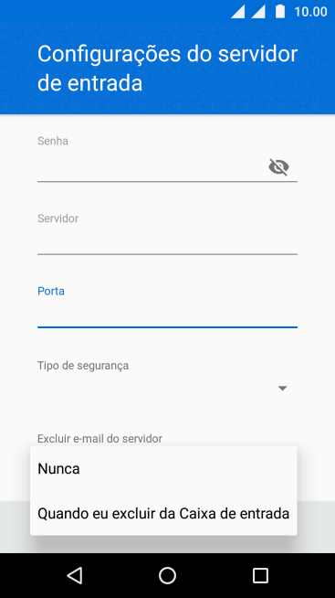Pressione Nunca para manter os e-mails no servidor, quando você apagá-los do celular. Pressione Nunca para manter os e-mails no servidor, quando você apagá-los do celular.