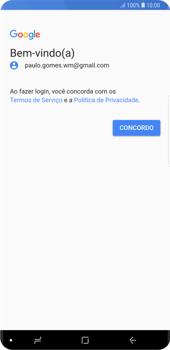 Pressione CONCORDO, e siga as indicações da tela para selecionar as configurações da sua conta Google. Pressione CONCORDO, e siga as indicações da tela para selecionar as configurações da sua conta Google.