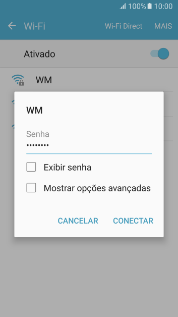 Digite a senha da sua conta da rede Wi-Fi, e pressione CONECTAR. Digite a senha da sua conta da rede Wi-Fi, e pressione CONECTAR.