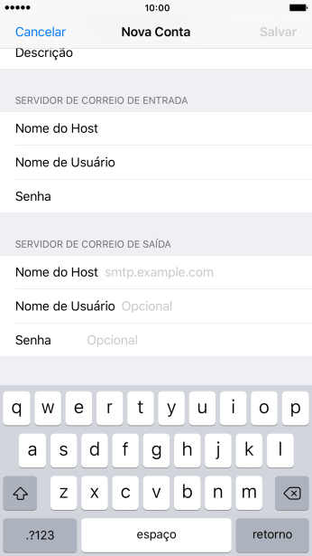 Pressione Nome do Host, e insira o nome do servidor de saída do seu provedor de e-mails. Pressione Nome do Host, e insira o nome do servidor de saída do seu provedor de e-mails.