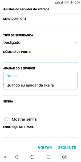 Pressione Nunca para manter os e-mails no servidor, quando você apagá-los do celular. Pressione Nunca para manter os e-mails no servidor, quando você apagá-los do celular.