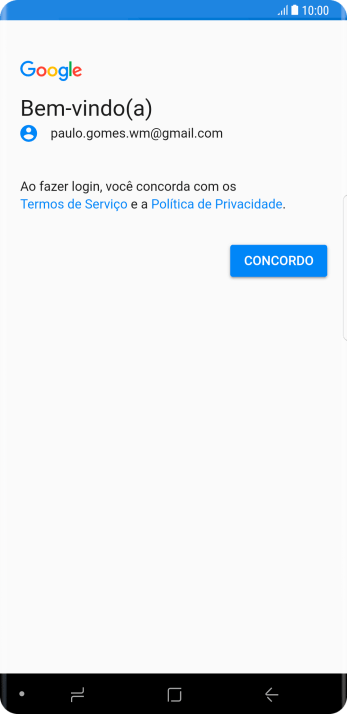 Pressione CONCORDO, e siga as indicações da tela para selecionar as configurações da sua conta Google. Pressione CONCORDO, e siga as indicações da tela para selecionar as configurações da sua conta Google.