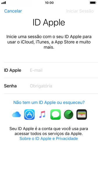 Se você não tiver um ID Apple, deve pressionar Não tem um ID Apple ou esqueceu?, e seguir as instruções da tela para instalá-lo. Se você não tiver um ID Apple, deve pressionar Não tem um ID Apple ou esqueceu?, e seguir as instruções da tela para instalá-lo.