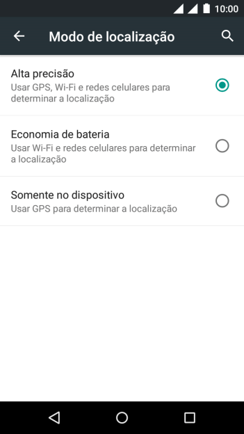 Se você selecionar Alta precisão, o seu celular poderá encontrar sua posição precisa com ajuda dos satélites GPS, rede celular e e da rede Wi-Fi próximos à você. O GPS via satélite requer uma visão livre para o céu. Se você selecionar Alta precisão, o seu celular poderá encontrar sua posição precisa com ajuda dos satélites GPS, rede celular e e da rede Wi-Fi próximos à você. O GPS via satélite requer uma visão livre para o céu.