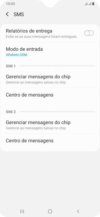 Pressione Centro de mensagens abaixo do chip desejado. Pressione Centro de mensagens abaixo do chip desejado.