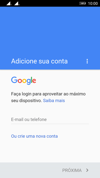 Se você não tiver uma conta Google, deve pressionar Ou crie uma nova conta, e seguir as instruções da tela para instalar uma conta. Se você não tiver uma conta Google, deve pressionar Ou crie uma nova conta, e seguir as instruções da tela para instalar uma conta.