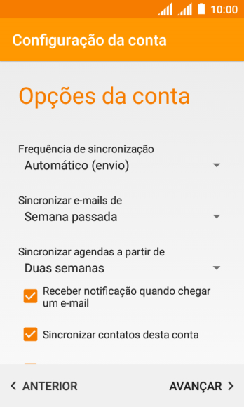 Se a tela mostrar essa imagem, sua conta foi reconhecida e configurada automaticamente. Siga as instruções da tela para inserir mais informações e finalizar a configuração. Se a tela mostrar essa imagem, sua conta foi reconhecida e configurada automaticamente. Siga as instruções da tela para inserir mais informações e finalizar a configuração.