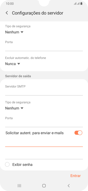 Pressione o campo da senha, e insira a senha do servidor de saída do seu provedor de e-mails. Pressione o campo da senha, e insira a senha do servidor de saída do seu provedor de e-mails.