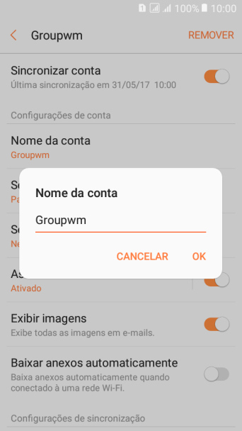 Digite o nome da conta de e-mail, e pressione OK. Digite o nome da conta de e-mail, e pressione OK.