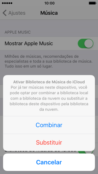 Pressione Combinar para unir a biblioteca de música do seu aparelho com a biblioteca de música do iCloud. Pressione Combinar para unir a biblioteca de música do seu aparelho com a biblioteca de música do iCloud.