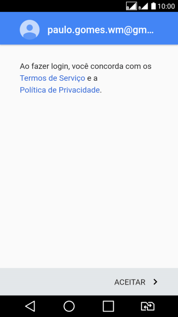 Pressione ACEITAR, e siga as indicações da tela para selecionar as configurações da sua conta Google. Pressione ACEITAR, e siga as indicações da tela para selecionar as configurações da sua conta Google.