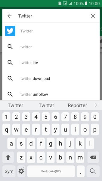 Digite Twitter, e pressione o ícone de busca. Digite Twitter, e pressione o ícone de busca.