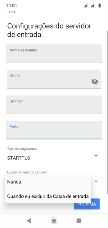 Pressione Nunca para manter os e-mails no servidor, quando você apagá-los do celular. Pressione Nunca para manter os e-mails no servidor, quando você apagá-los do celular.