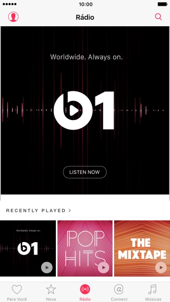 Pressione LISTEN NOW iniciar a reprodução do Beats 1. Pressione LISTEN NOW iniciar a reprodução do Beats 1.