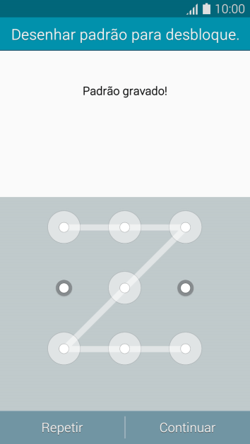 Mova os dedos na tela para conectar pelo menos quatro pontos, e pressione Continuar. Mova os dedos na tela para conectar pelo menos quatro pontos, e pressione Continuar.
