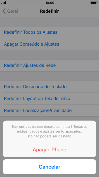 Pressione Apagar iPhone. Aguarde um instante, enquanto o celular restaura as configurações padrão. Siga as indicações do visor para configurar o celular, e deixá-lo pronto para uso. Pressione Apagar iPhone. Aguarde um instante, enquanto o celular restaura as configurações padrão. Siga as indicações do visor para configurar o celular, e deixá-lo pronto para uso.