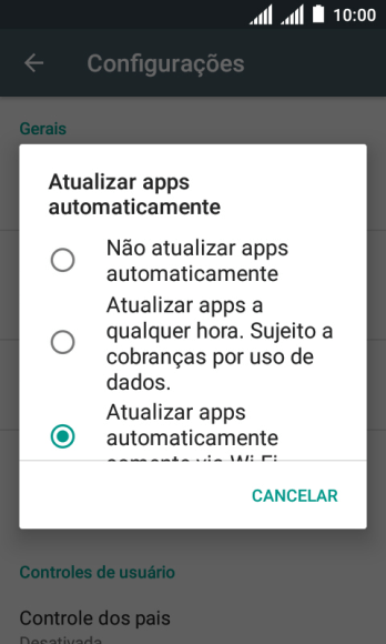 Para desativar a atualização automática de apps, você deve pressionar Não atualizar apps automaticamente. Para desativar a atualização automática de apps, você deve pressionar Não atualizar apps automaticamente.