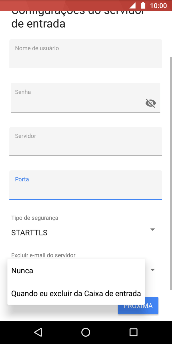 Pressione Nunca para manter os e-mails no servidor, quando você apagá-los do celular. Pressione Nunca para manter os e-mails no servidor, quando você apagá-los do celular.