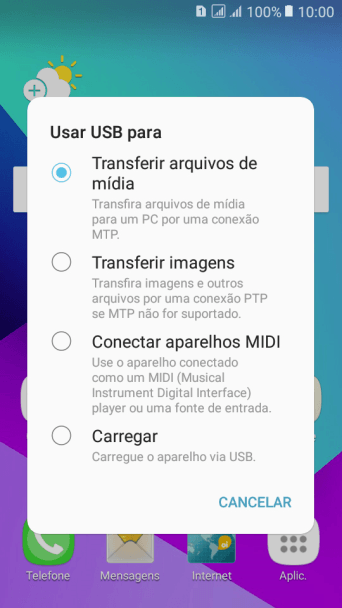 Pressione Transferir arquivos de mídia para ativar a função. Pressione Transferir arquivos de mídia para ativar a função.