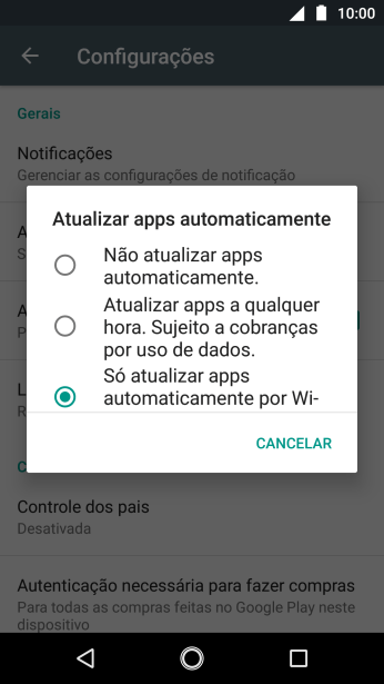 Para desativar a atualização automática de apps, você deve pressionar Não atualizar apps automaticamente.. Para desativar a atualização automática de apps, você deve pressionar Não atualizar apps automaticamente..