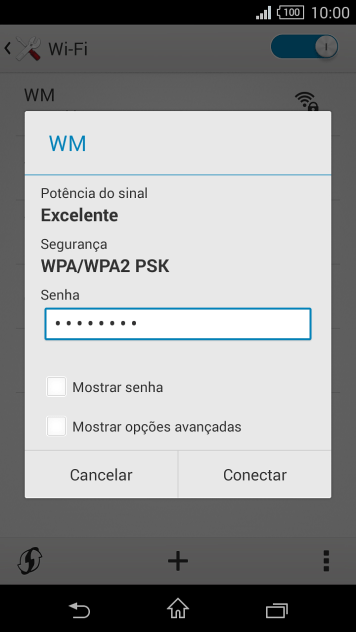 Digite a senha da sua conta da rede Wi-Fi, e pressione Conectar. Digite a senha da sua conta da rede Wi-Fi, e pressione Conectar.