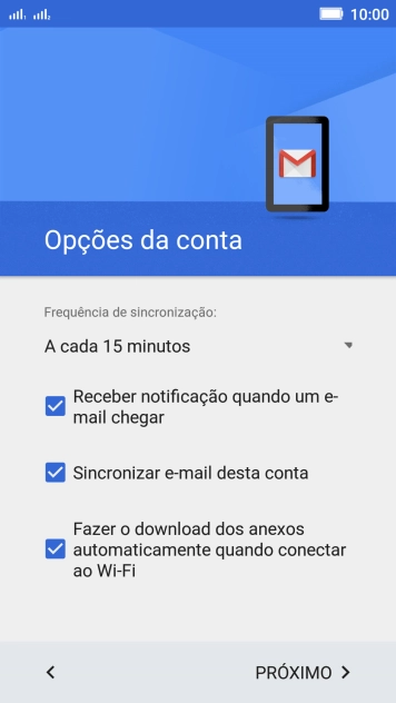 Se a tela mostrar essa imagem, sua conta foi reconhecida e configurada automaticamente. Siga as instruções da tela para inserir mais informações e finalizar a configuração. Se a tela mostrar essa imagem, sua conta foi reconhecida e configurada automaticamente. Siga as instruções da tela para inserir mais informações e finalizar a configuração.