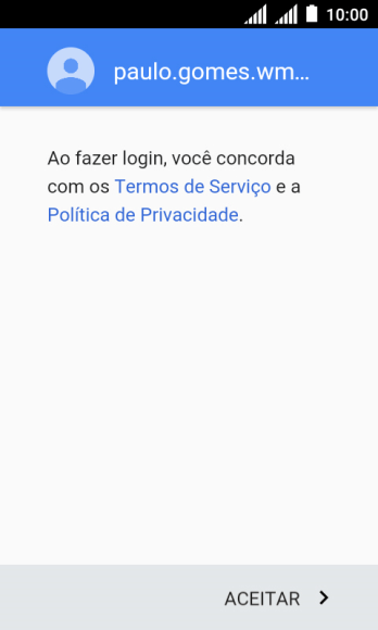 Pressione ACEITAR, e siga as indicações da tela para selecionar as configurações da sua conta Google. Pressione ACEITAR, e siga as indicações da tela para selecionar as configurações da sua conta Google.
