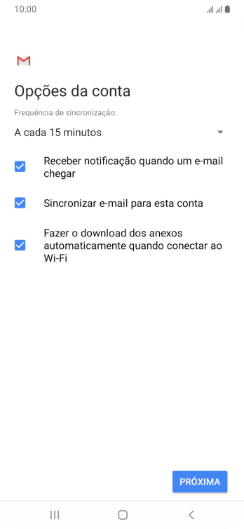Se a tela mostrar essa imagem, sua conta foi reconhecida e configurada automaticamente. Siga as instruções da tela para inserir mais informações e finalizar a configuração. Se a tela mostrar essa imagem, sua conta foi reconhecida e configurada automaticamente. Siga as instruções da tela para inserir mais informações e finalizar a configuração.