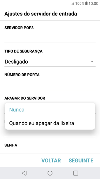Pressione Nunca para manter os e-mails no servidor, quando você apagá-los do celular. Pressione Nunca para manter os e-mails no servidor, quando você apagá-los do celular.