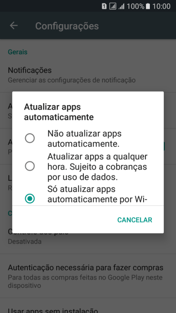Para desativar a atualização automática de apps, você deve pressionar Não atualizar apps automaticamente.. Para desativar a atualização automática de apps, você deve pressionar Não atualizar apps automaticamente..