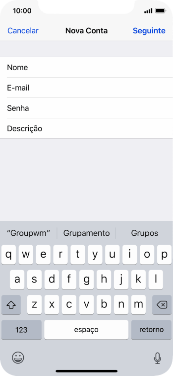 Pressione Descrição, e digite o nome da conta de e-mail. Pressione Descrição, e digite o nome da conta de e-mail.