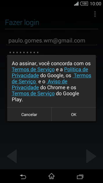 Pressione OK, e siga as indicações da tela para selecionar as configurações da sua conta Google. Pressione OK, e siga as indicações da tela para selecionar as configurações da sua conta Google.