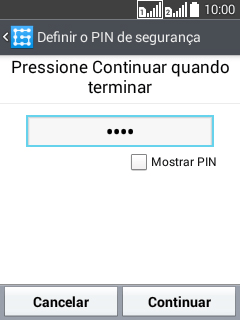 Digite um código PIN de quatro cifras e pressione Continuar. Digite um código PIN de quatro cifras e pressione Continuar.